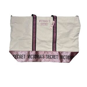 Victoria's Secret Canvas Pink Glitter Travel Beach Tote Bag 16x14x7 Lined NOS